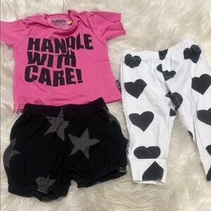 nununu Pink and Black Pajama Set with Heart and Star Patterns